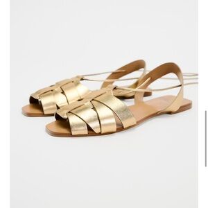 Zara Gold Leather Sandals Elegant Metallic Straps ! Bloggers favorite!